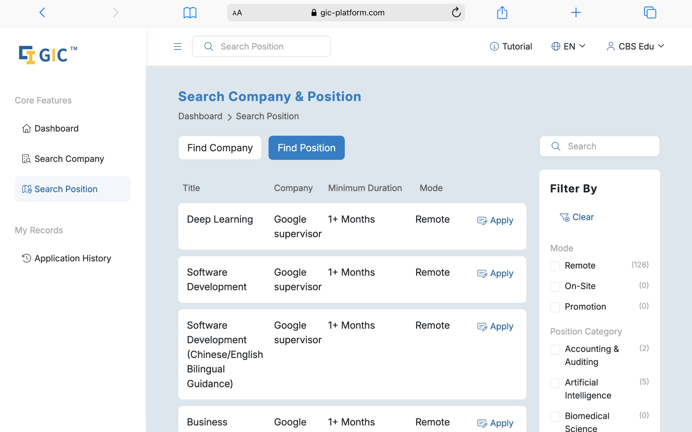 Browse the search page for companies and positions available for application.